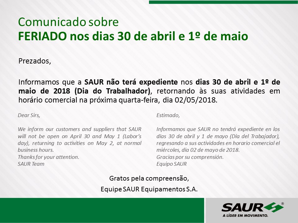 Communication about the holiday on April 30 and May 1